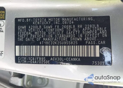 2005 Toyota Camry Le/Xle/Se из США, поврежденный, VIN 4T1BE32K25U955825